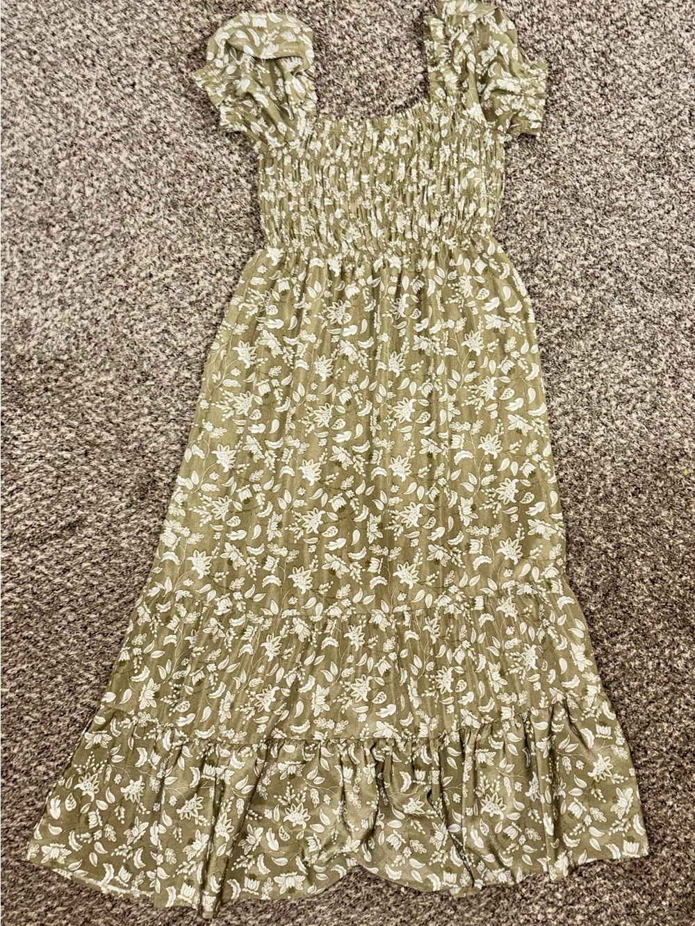 Hesperus Floral Smocked Puff Sleeve Tiered Maxi Dress L Green White